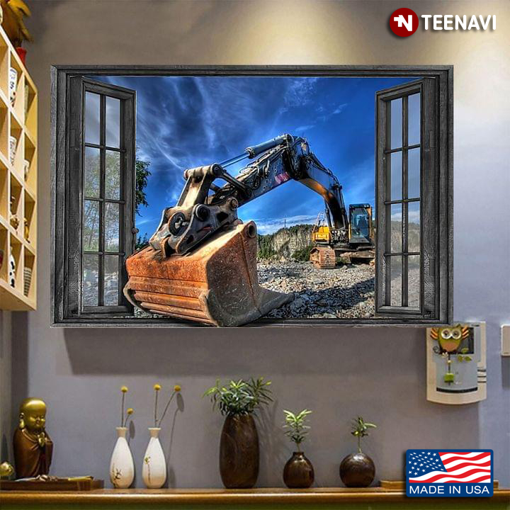 Vintage Window Frame With Excavator Outside