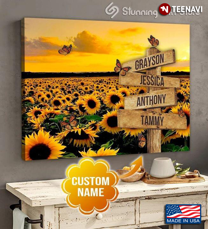 Vintage Customized Name On Wooden Stick Monarch Butterflies And Sunflower Field
