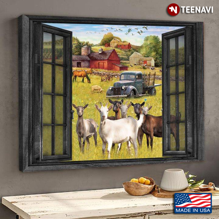 Vintage Window Frame With Agricultural Animals On The Farm