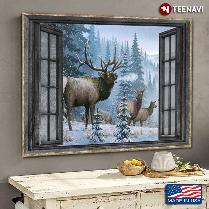 Vintage Window Frame With Moose Family In The Snow Forest