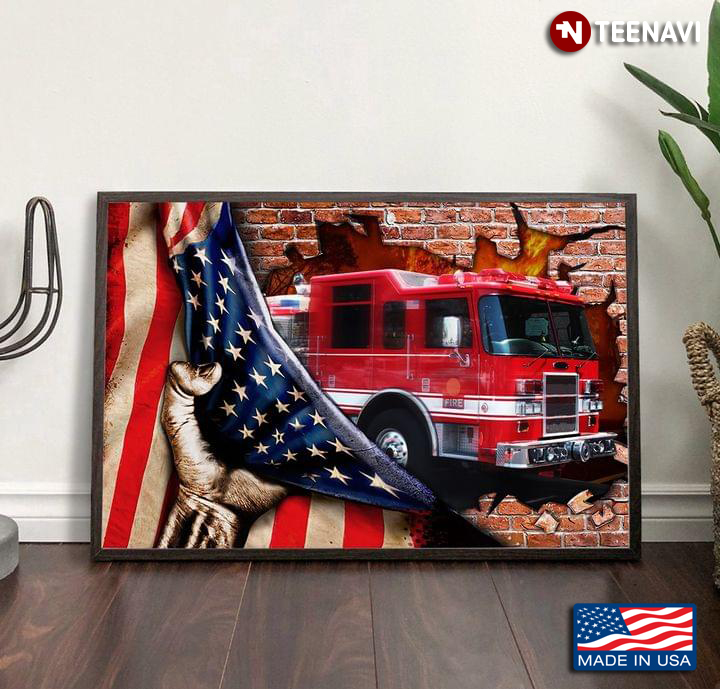 Vintage Firetruck With American Flag And Human Hand