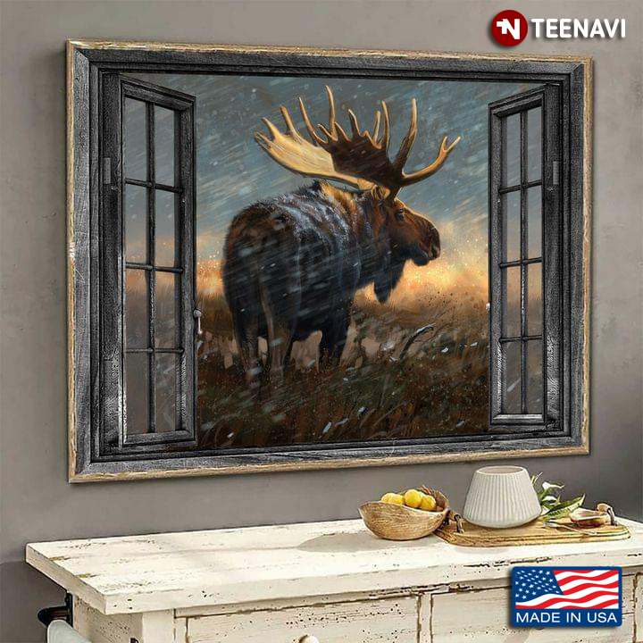 Vintage Window Frame With Moose In The Snow