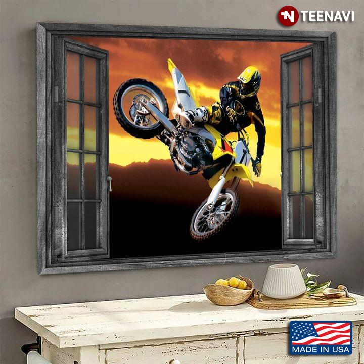 Vintage Window Frame With Motocross Racer Jumping