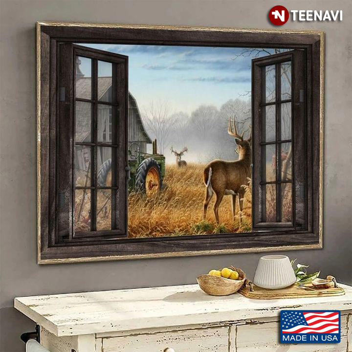 Vintage Window Frame With Deers & Green Tractor On Farm