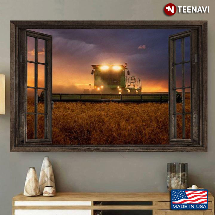 Vintage Window Frame With Green Agriculture Tractor Working On Field