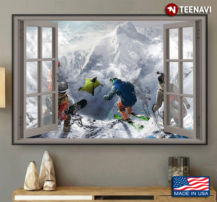 Vintage Window Frame With Players Playing Skiing, Wingsuit Flying, Snowboarding And Paragliding