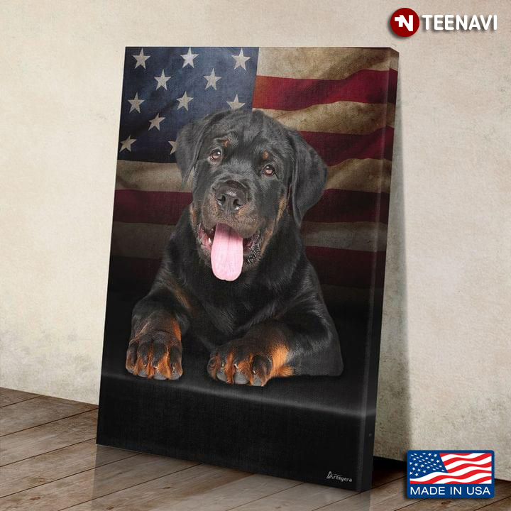 Black Theme Independence Day Rottweiler Dog Showing His Tongue And American Flag