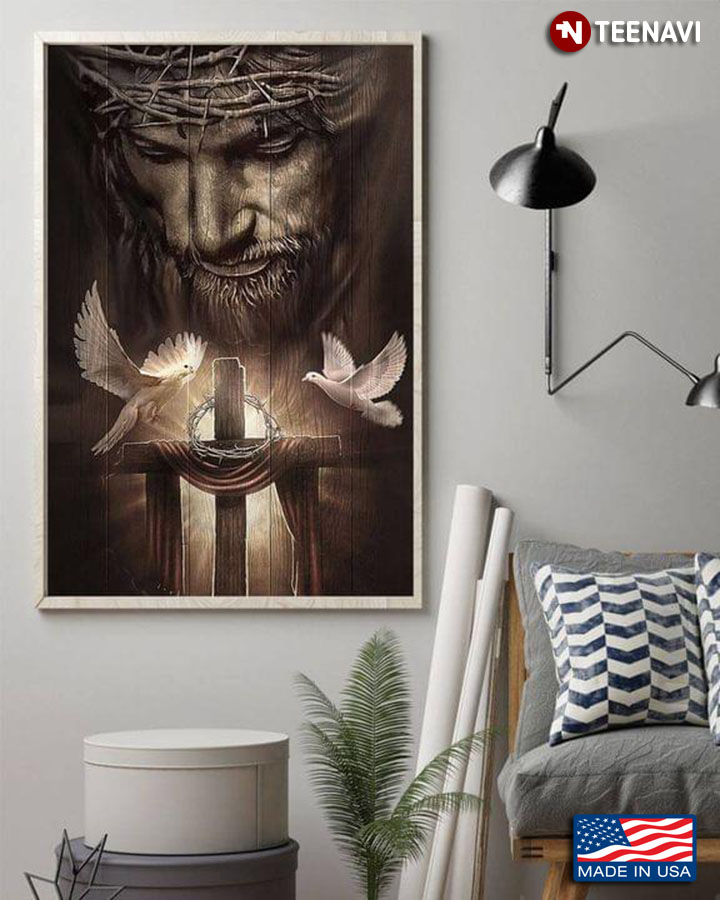 Vintage Jesus Christ With Crown Of Thorns, Cross And Doves Flying Around