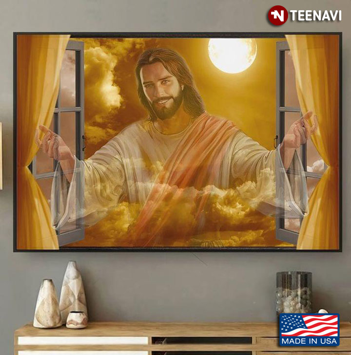 Vintage Window Frame With Jesus Christ Opening His Arms To Welcome Everybody