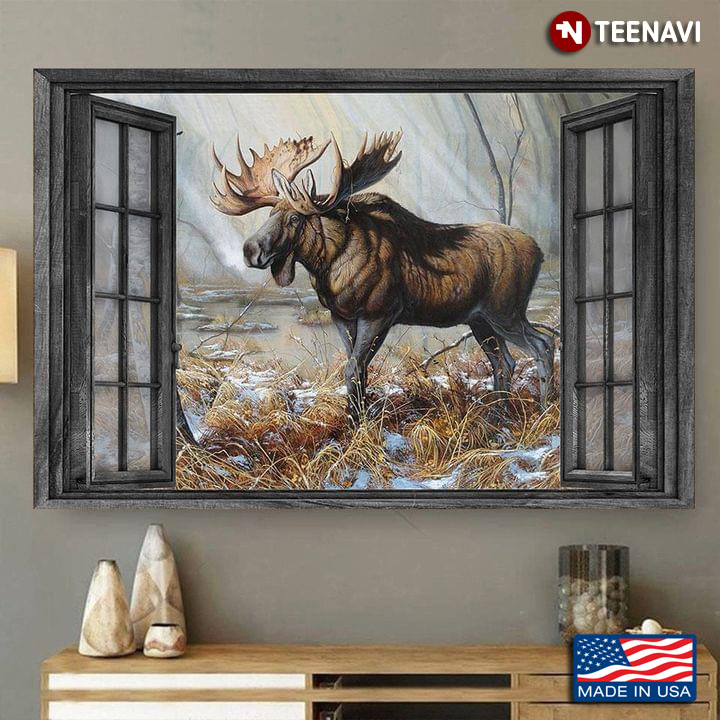 Vintage Window Frame With Moose Outside