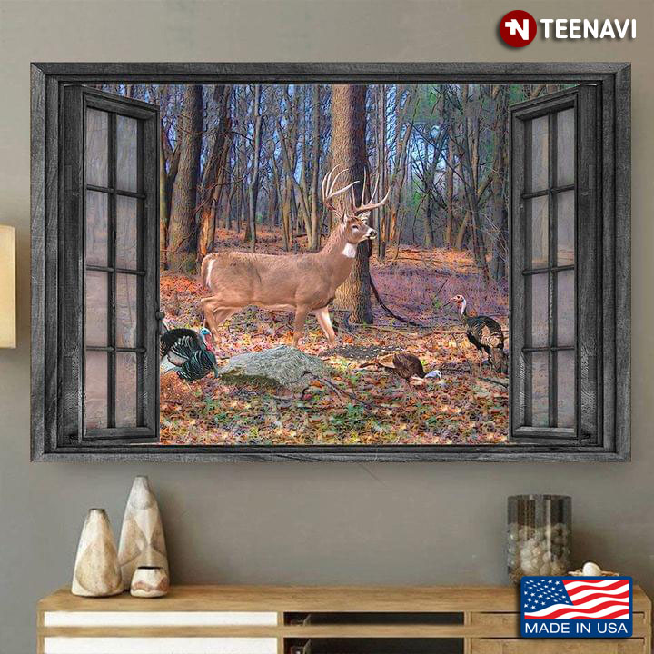 Vintage Window Frame With Deer And Guinea Fowls In The Forest