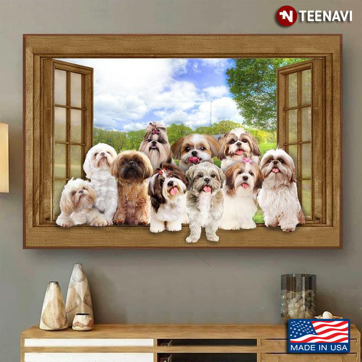 Vintage Window Frame With Cute Shih Tzu Dogs Outside