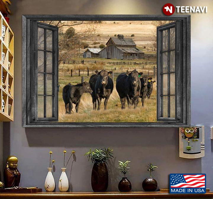 Vintage Window Frame With Black Cow Family On Farm