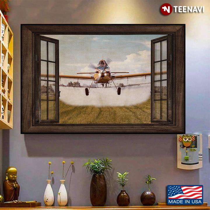 Vintage Window Frame With Helicopter Crop Spraying On Farm