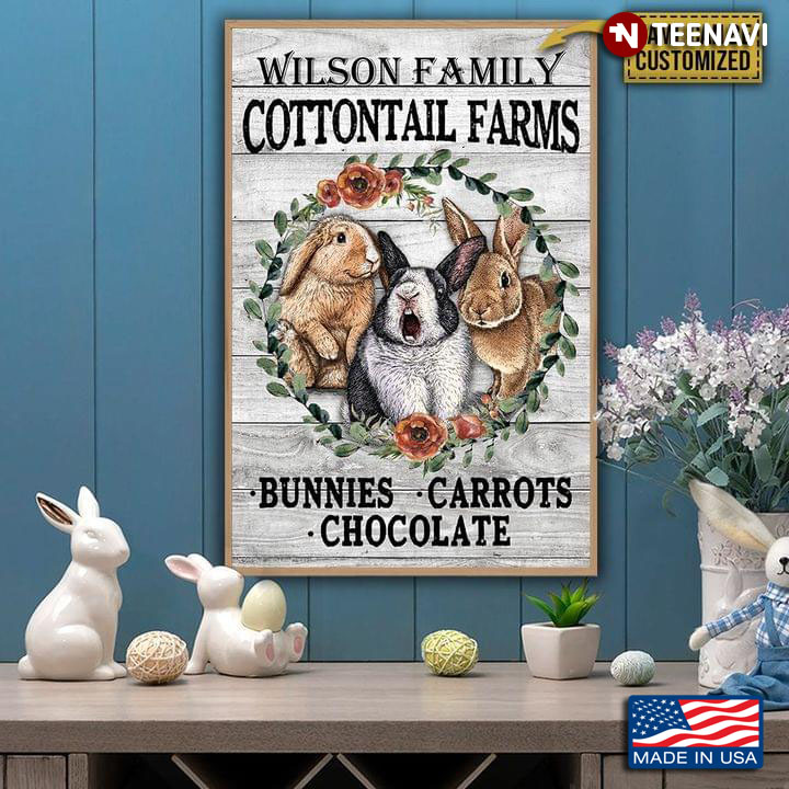 Vintage Customized Name Floral Bunnies Cottontail Farms Bunnies Carrots Chocolate