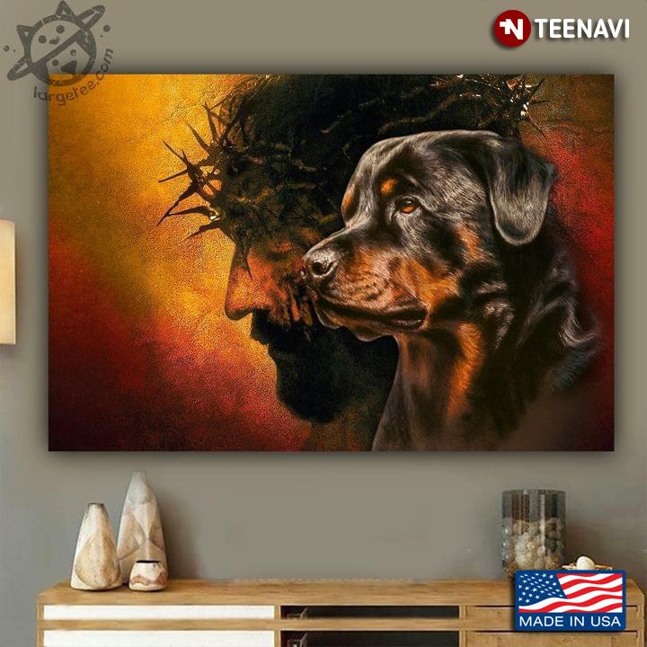 Vintage Jesus Christ With Crown Of Thorns And Rottweiler Dog