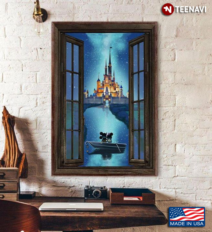 Vintage Window Frame With Disney Mickey Mouse & Minnie Mouse Sitting In A Boat Watching Disney Castle