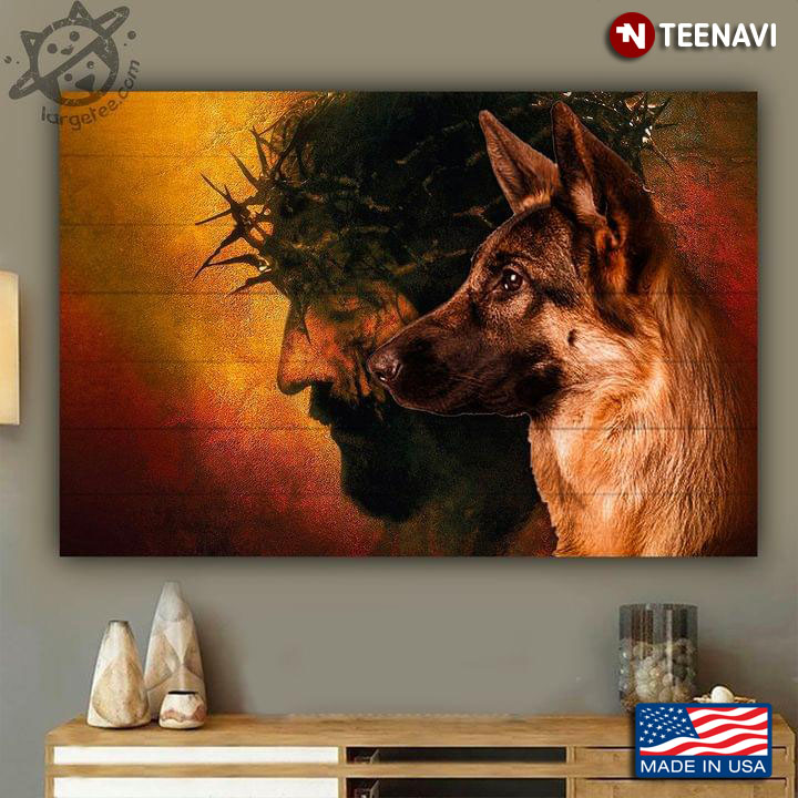 Vintage Jesus Christ With Crown Of Thorns And German Shepherd Dog