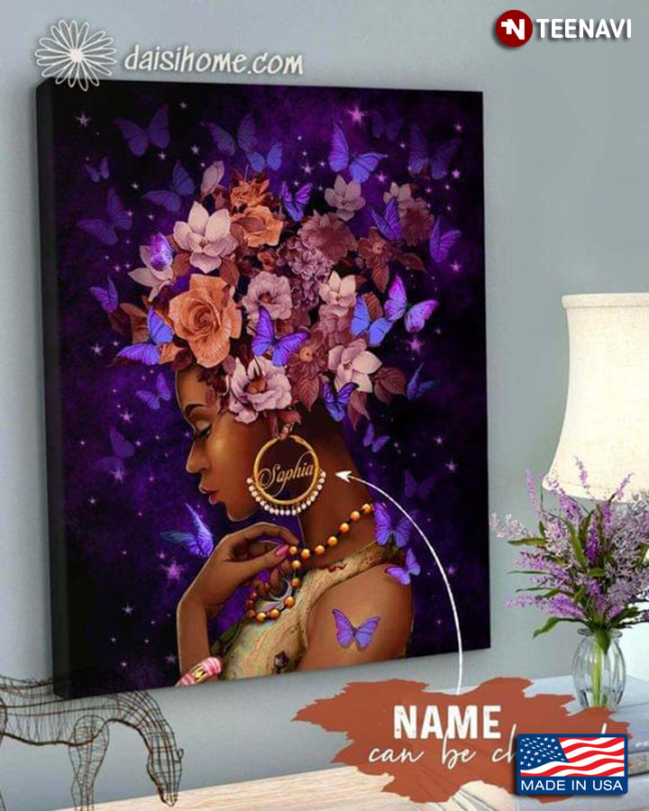 Purple Theme Customized Name Black Girl With Butterflies And Flowers