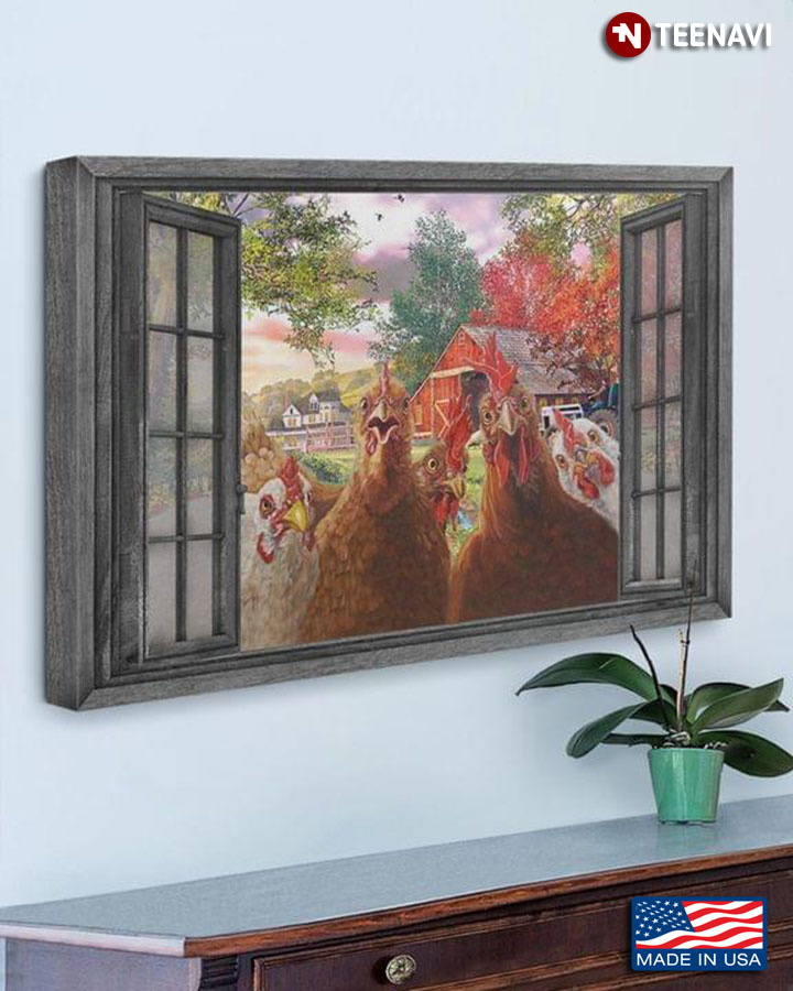Vintage Window Frame With Chicken Family Outside