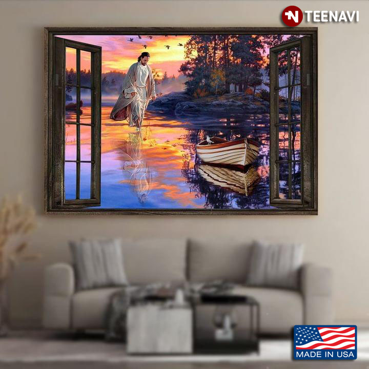Vintage Window Frame With Jesus Christ Walking On Water Across The Surface Of A Lake
