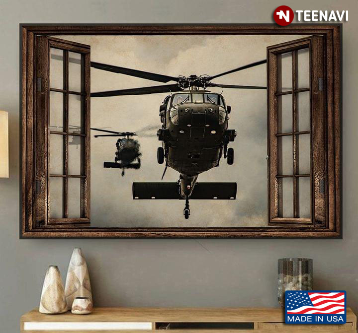 Vintage Window Frame With Helicopters Flying Outside