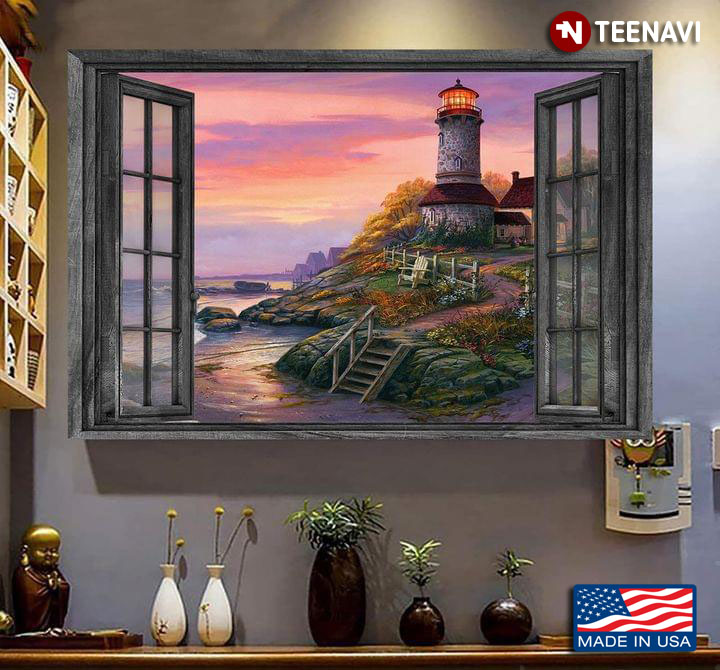 Vintage Window Frame With View Of The Sea And Lighthouse