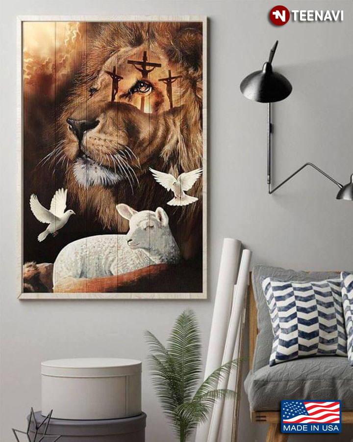 Vintage Lion With Lamb And Doves And Jesus Cross