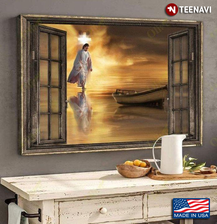 Vintage Window Frame With Jesus Christ Walking On Water And Jesus Cross Behind