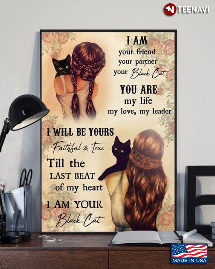 Vintage Floral Theme Baby Girl With Black Kitten & Woman With Black Cat I Am Your Friend