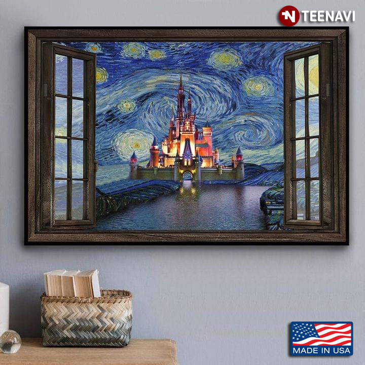 Window Frame With View Of Disney Castle In The Starry Night Vincent Van Gogh