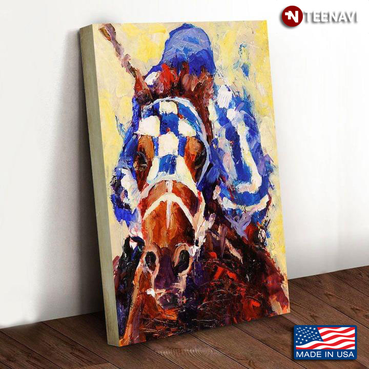 Blue Painting Equestrian And His Horse With Fly Mask