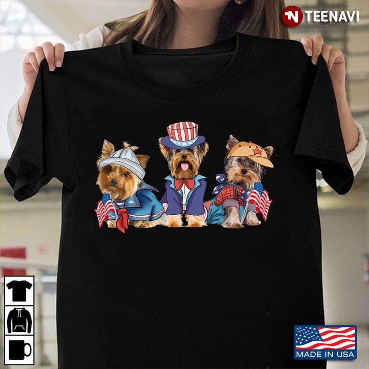 Yorkshire Terrier With American Flag The 4th Of July