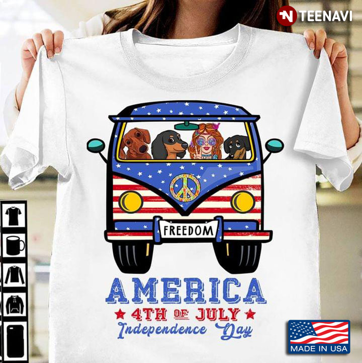 Girl With Dachshunds Drving Hippie Freedom Car American 4th Of July Independence Day