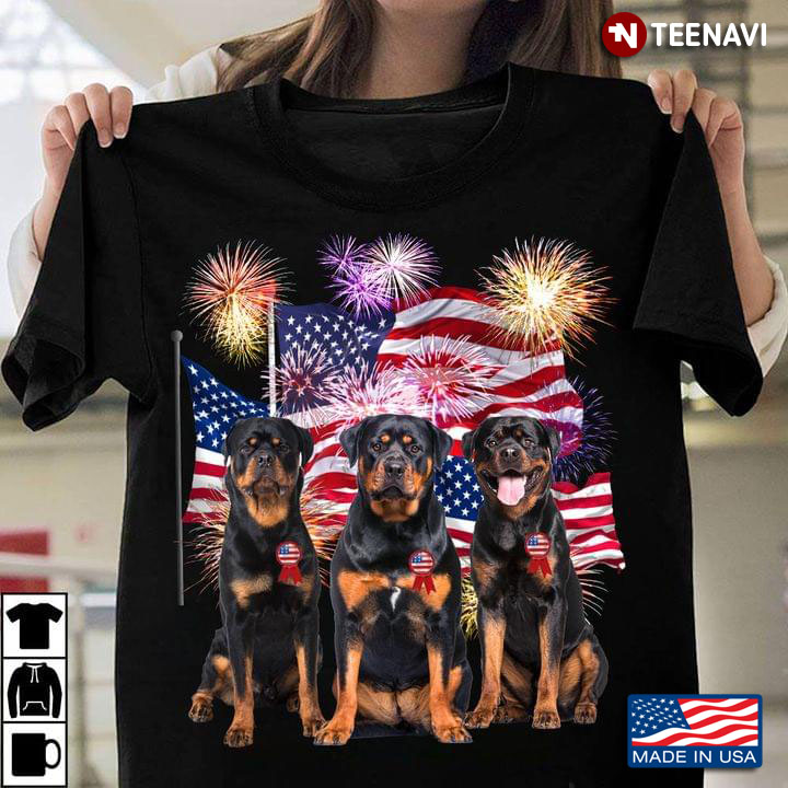 Three Rottweilers American Flag With Firework