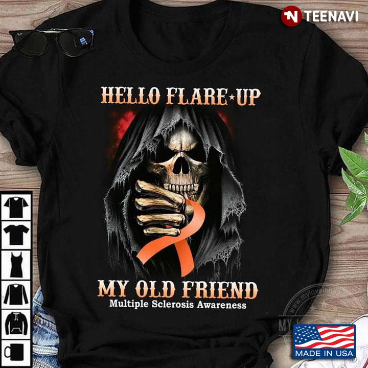 Hello Flare Up My Old Friend Multiple Sclerosis Awareness Skeleton Holds Orange Ribbon