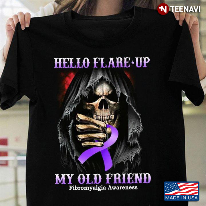 Hello Flare Up My Old Friend Fibromyalgia Awareness Skeleton Holds Purple Ribbon