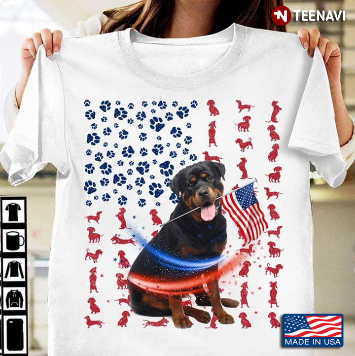 Rottweiler Shows Tongue With American Flag 4th Of July