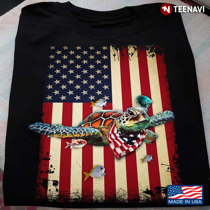 Turtle And Fishes American Flag