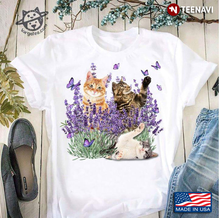 Three Cats Butterflies And Lavender