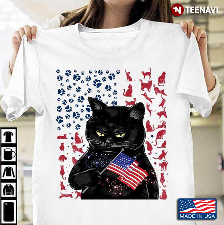 Black Cat With American Flag Happy Independence Day