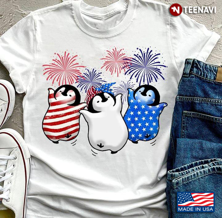 Three Penguins And Fireworks Happy Independence Day