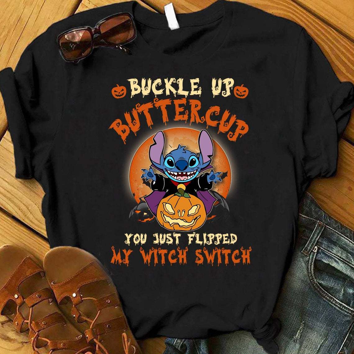 Halloween Stitch And Jack O' Lantern Buckle Up Buttercup You Just Flipped My Witch Switch T-Shirt