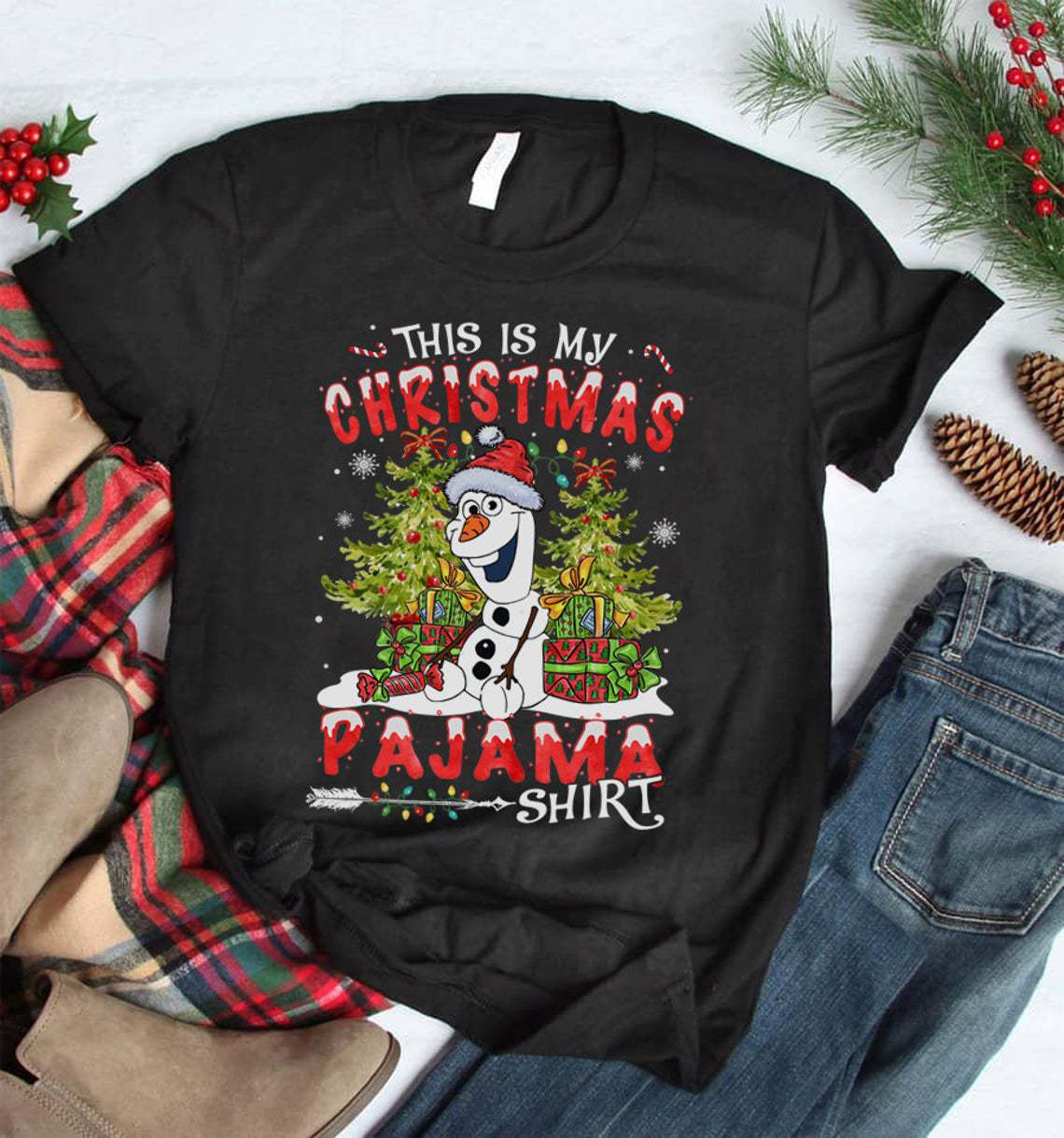 This Is My Christmas Pajama Shirt Snowman With Christmas Hat And Christmas Trees