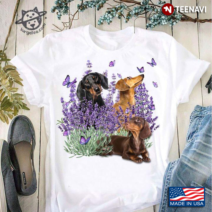 Three Dachshunds Butterflies And Lavender