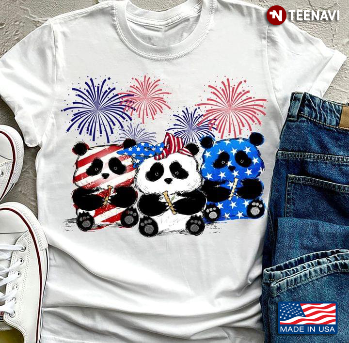 Three Pandas And Fireworks Happy Independence Day