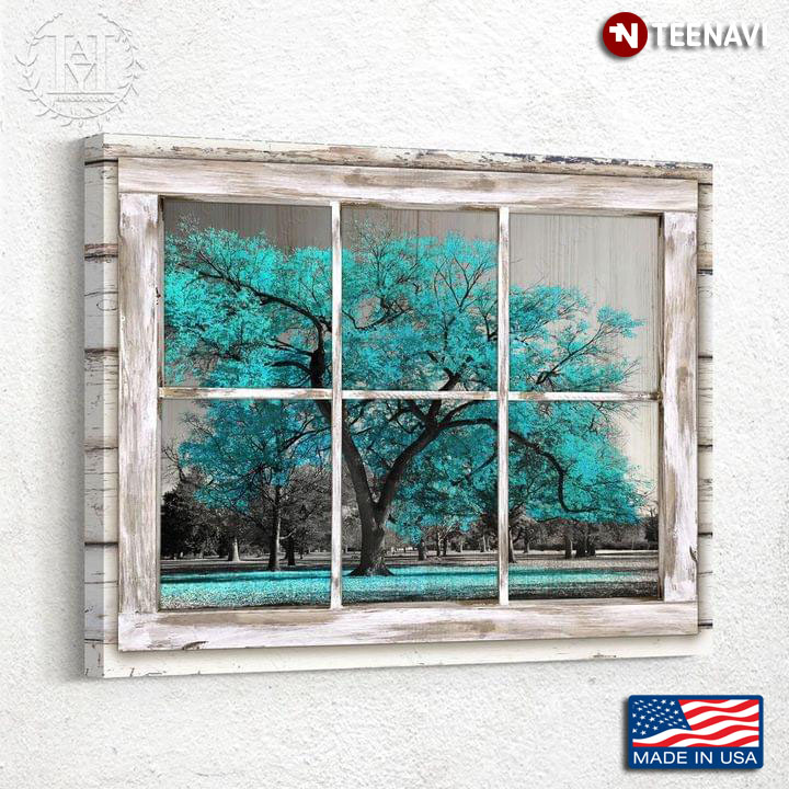 Vintage Window Frame With View Of Blue Tree Outside