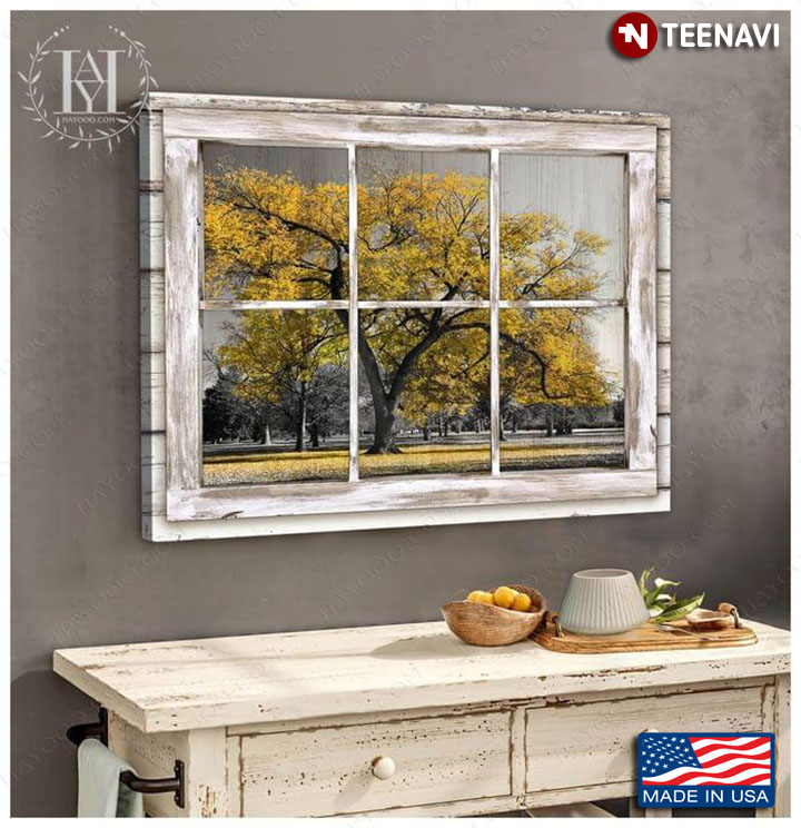 Vintage Window Frame With View Of Yellow Tree Outside