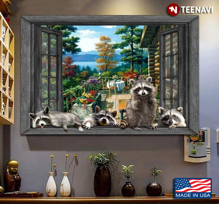 Vintage Window Frame With Raccoons Outside