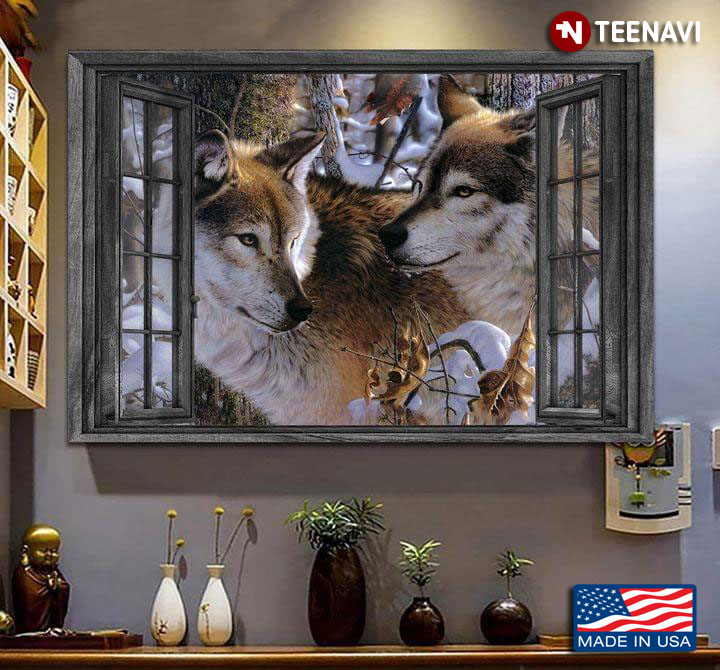 Vintage Window Frame With Wolf Couple In Snow Forest